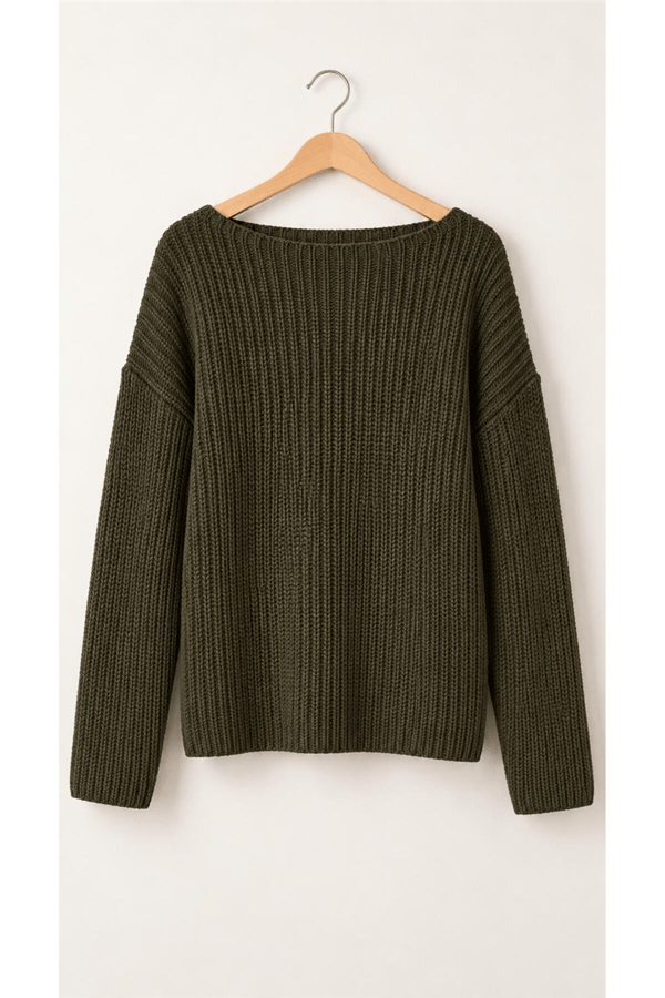 Kadın Kayık Yaka Oversize Dökümlü Basic Kazak MTA036 - Haki