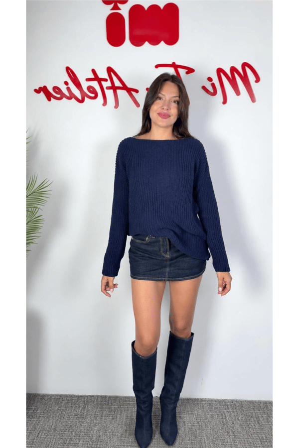 Kadın Kayık Yaka Oversize Dökümlü Basic Kazak MTA036 - Lacivert