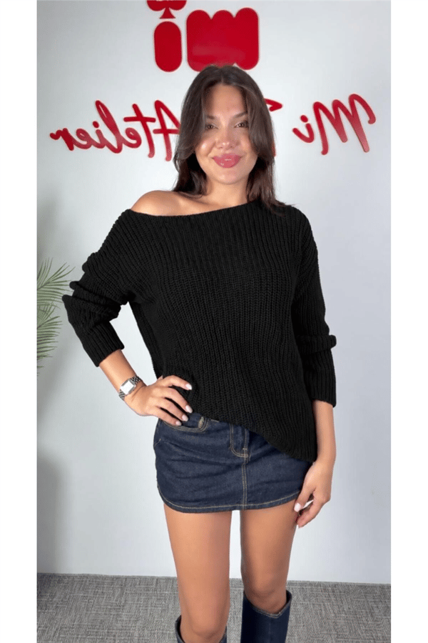 Kadın Kayık Yaka Oversize Dökümlü Basic Kazak MTA036 - Siyah