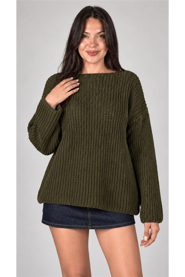 Kadın Kayık Yaka Oversize Dökümlü Basic Kazak MTA036 - Haki