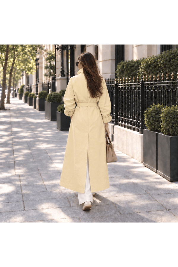 Kadın Oversize Yüksek Yaka Çıtçıtlı Kemerli Uzun Trençkot MTA2062 - Bej