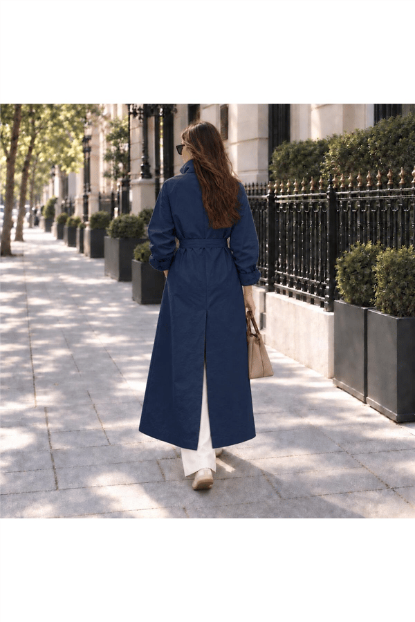 Kadın Oversize Yüksek Yaka Çıtçıtlı Kemerli Uzun Trençkot MTA2062 - Lacivert