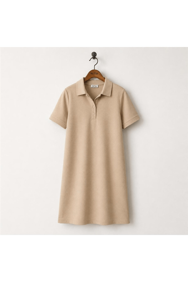 Kadın Polo Yaka Kısa Kollu Basic Mini Elbise - Bej