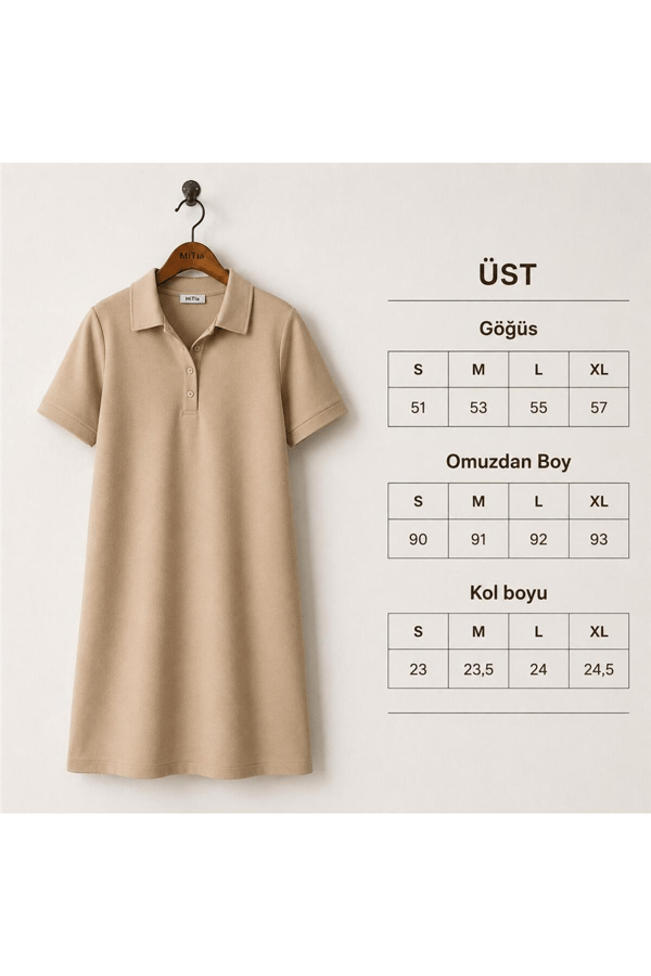 Kadın Polo Yaka Kısa Kollu Basic Mini Elbise - Bej