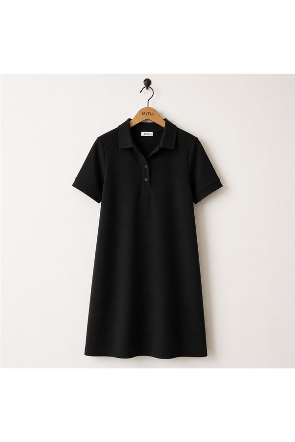 Kadın Polo Yaka Kısa Kollu Basic Mini Elbise - Siyah