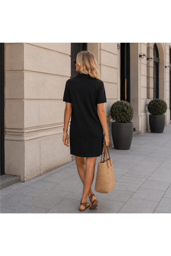 Kadın Polo Yaka Kısa Kollu Basic Mini Elbise - Siyah