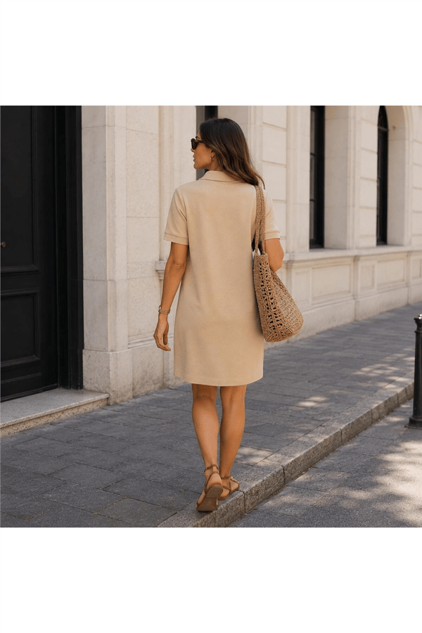 Kadın Polo Yaka Kısa Kollu Basic Mini Elbise - Bej
