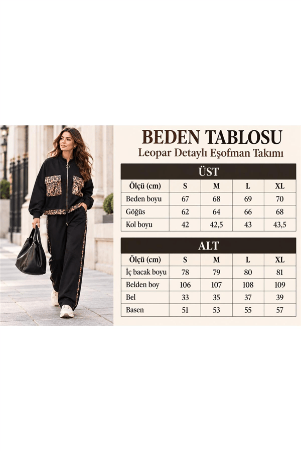 Kadın Siyah Modal Kumaş Dik Yaka Leopar Garnili Alt-Üst Takım MTA271006