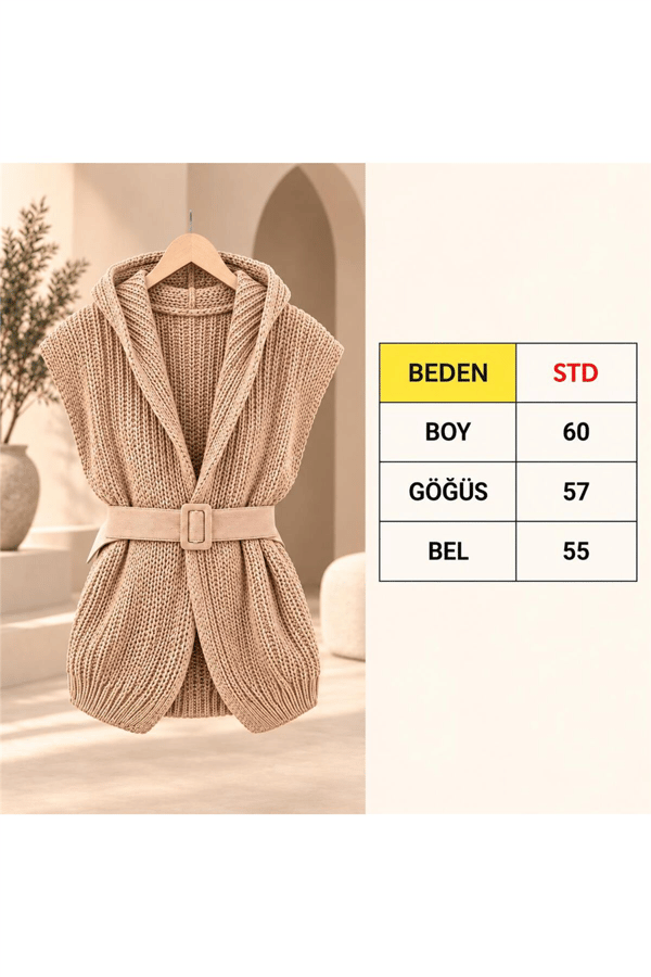 Kadın Süet Kemerli Kapüşonlu Triko Yelek MTA-T67 - Siyah