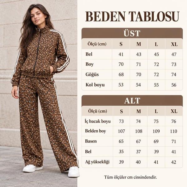 Kadın Yandan Şeritli Leopar Desenli Scuba Alt Üst Eşofman Takım MTA032 - Kahverengi