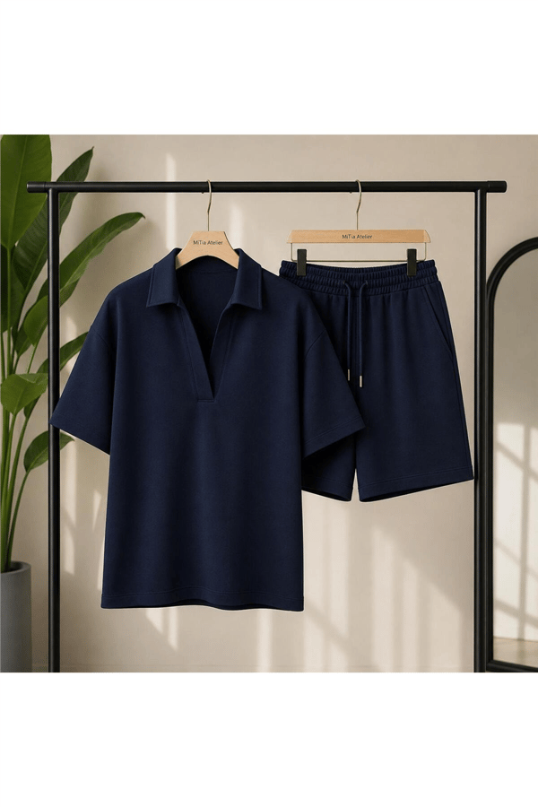 Kadın Yazlık Modal Kumaş Polo Yaka Şort T-shirt Alt Üst Takım - Lacivert