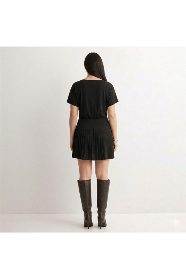 piliseli mini elbise - Siyah