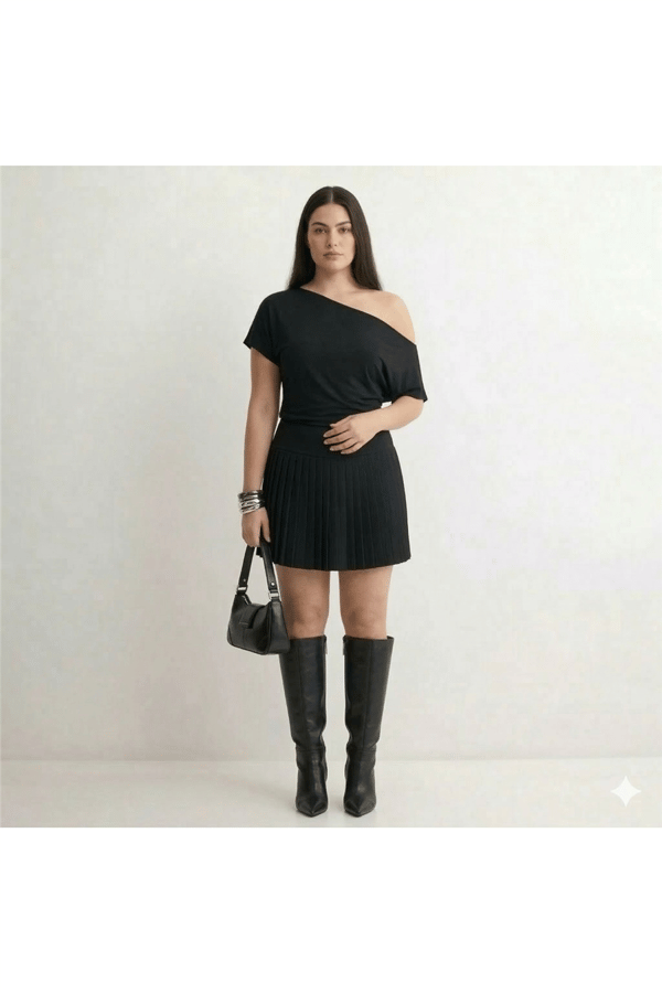 piliseli mini elbise - Siyah