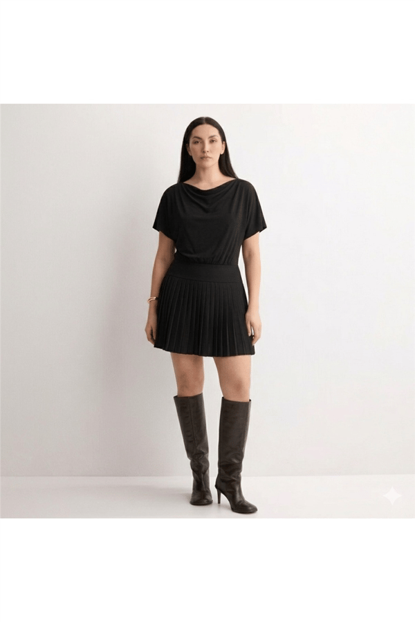 piliseli mini elbise - Siyah