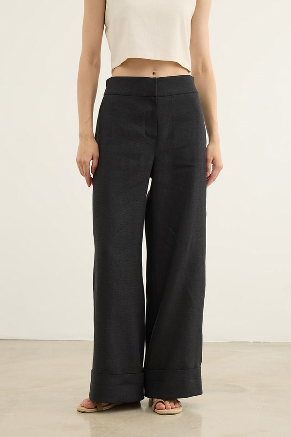 %100 Keten Bol Pantolon Siyah