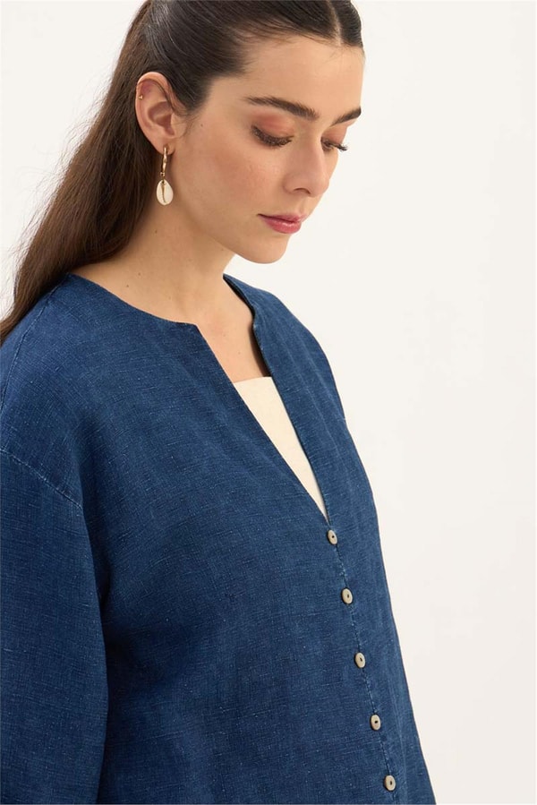 %100 Keten Denim Bluz Lacivert