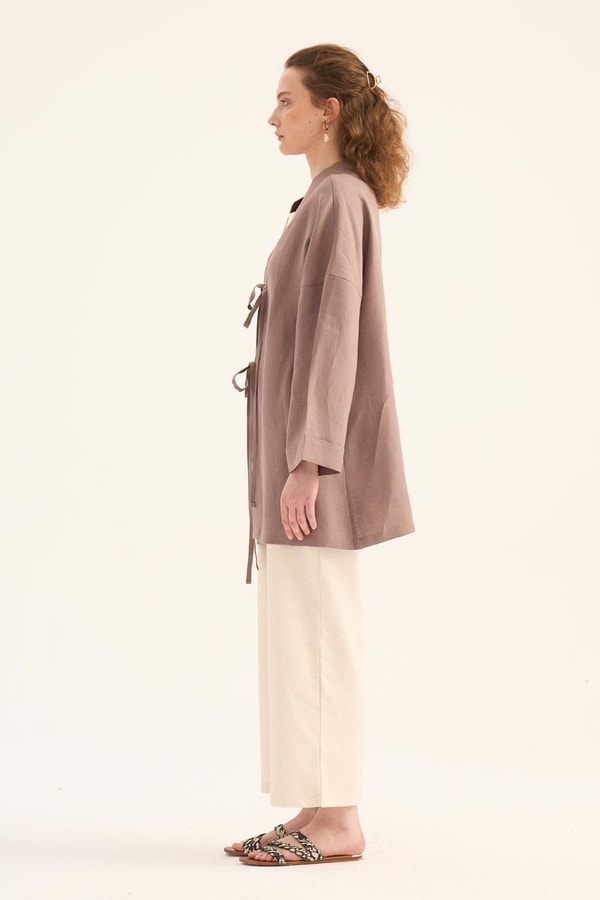 %100 Keten Kimono Vizon