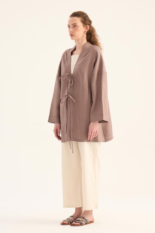 %100 Keten Kimono Vizon