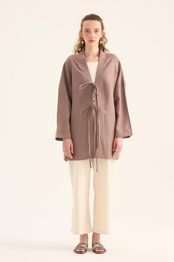 %100 Keten Kimono Vizon