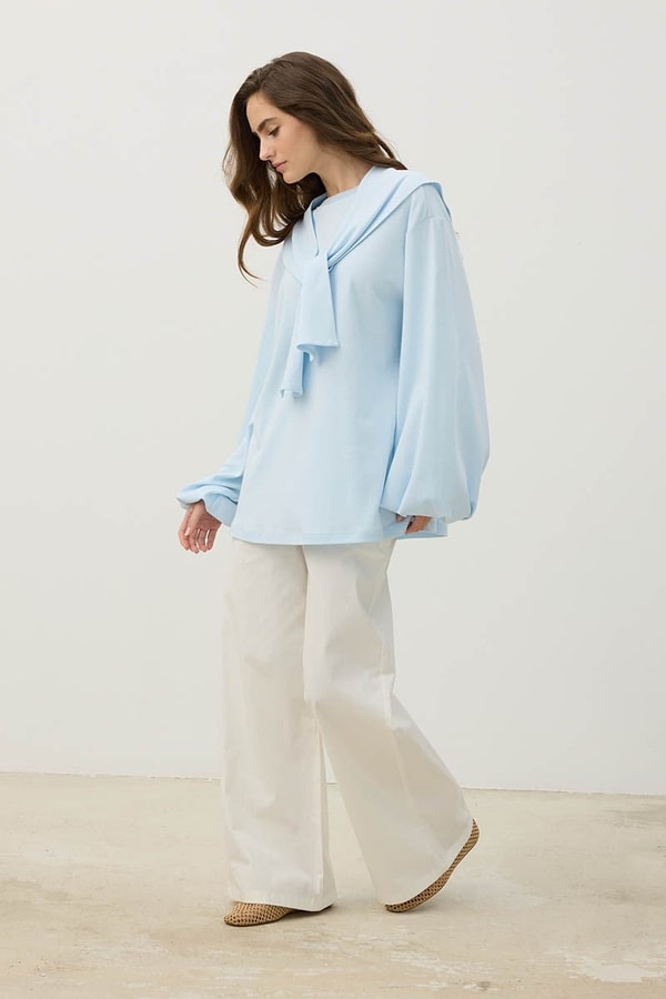 Balon Kollu %100 Pamuk Sweatshirt Buz Mavisi