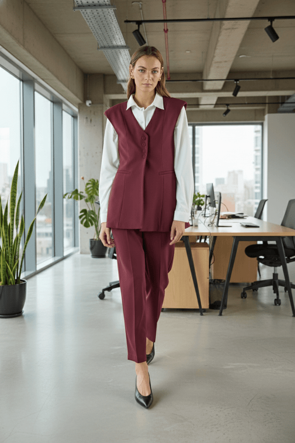 Bordo Yelek Pantolon Beyaz Gömlek Ofis Kombini