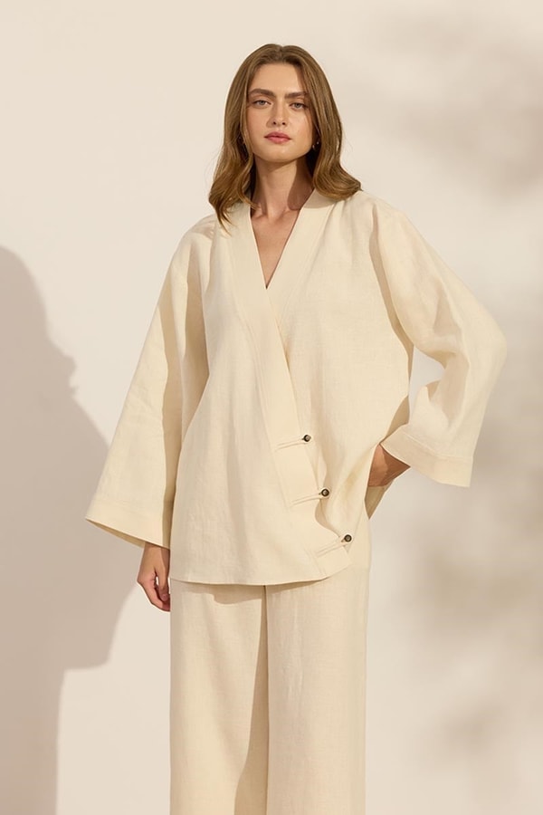 Britli %100 Keten Kimono Kırık Beyaz