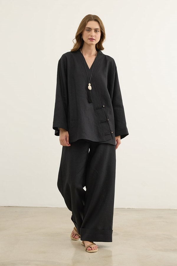 Britli %100 Keten Kimono Siyah
