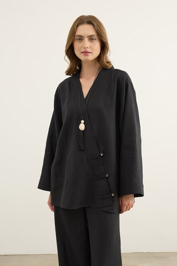 Britli %100 Keten Kimono Siyah