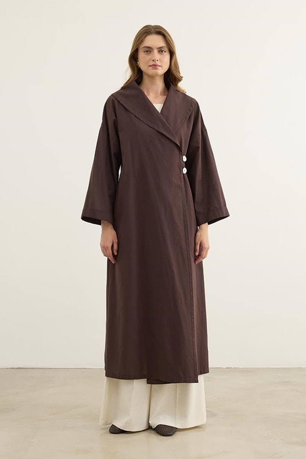 Çift Düğmeli %100 Pamuk Kaftan Acı kahve