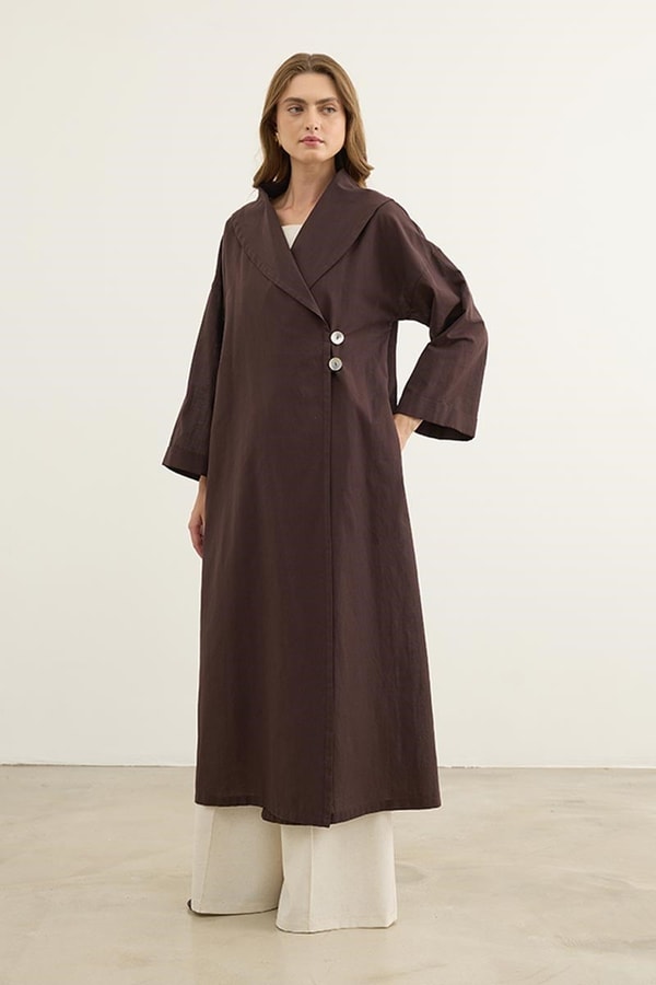 Çift Düğmeli %100 Pamuk Kaftan Acı kahve