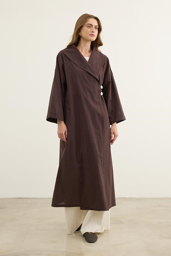 Çift Düğmeli %100 Pamuk Kaftan Acı kahve
