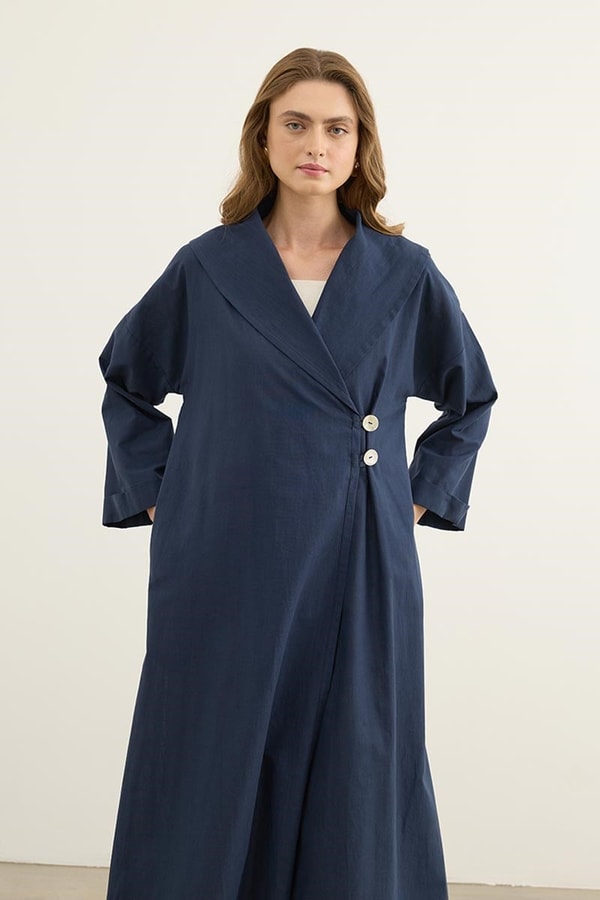 Çift Düğmeli %100 Pamuk Kaftan Lacivert