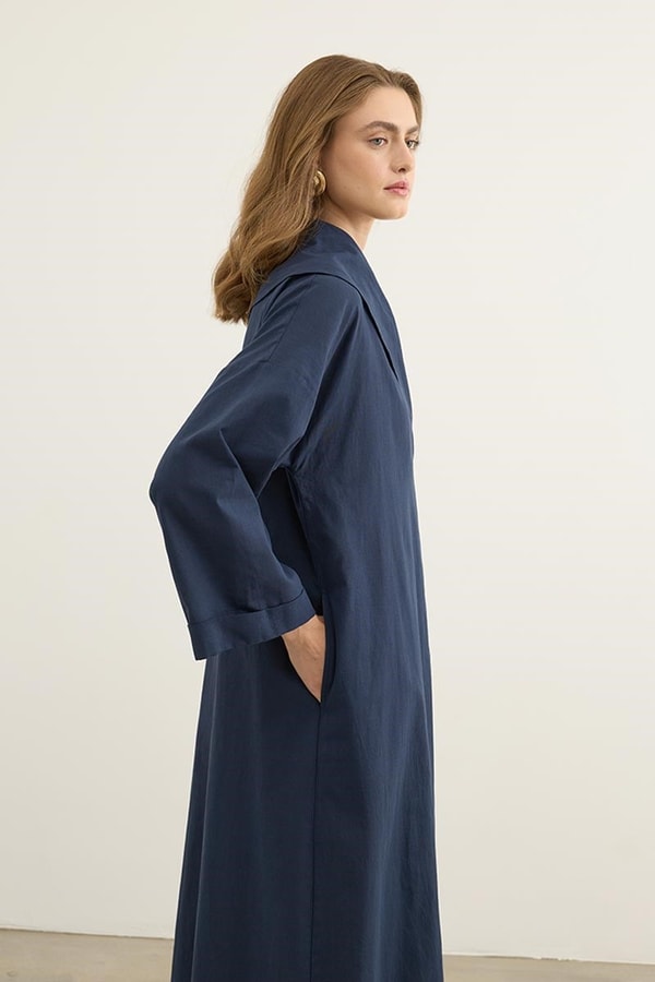 Çift Düğmeli %100 Pamuk Kaftan Lacivert