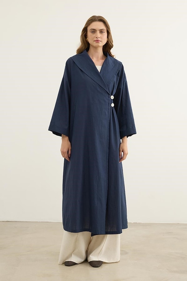 Çift Düğmeli %100 Pamuk Kaftan Lacivert