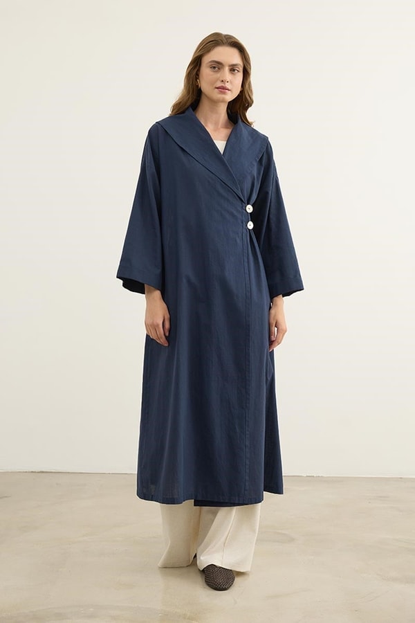Çift Düğmeli %100 Pamuk Kaftan Lacivert