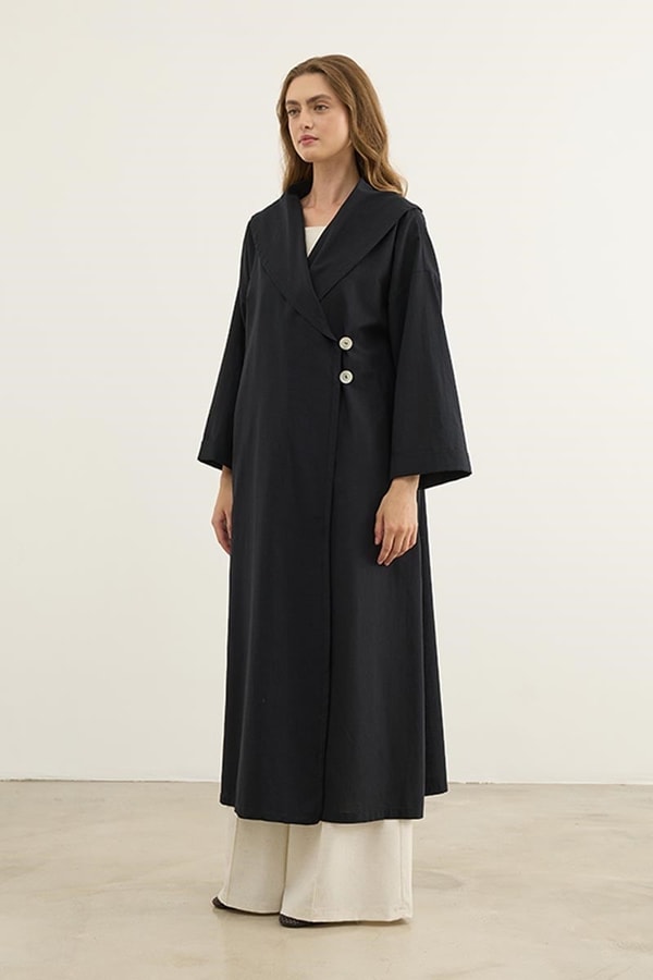 Çift Düğmeli %100 Pamuk Kaftan Siyah