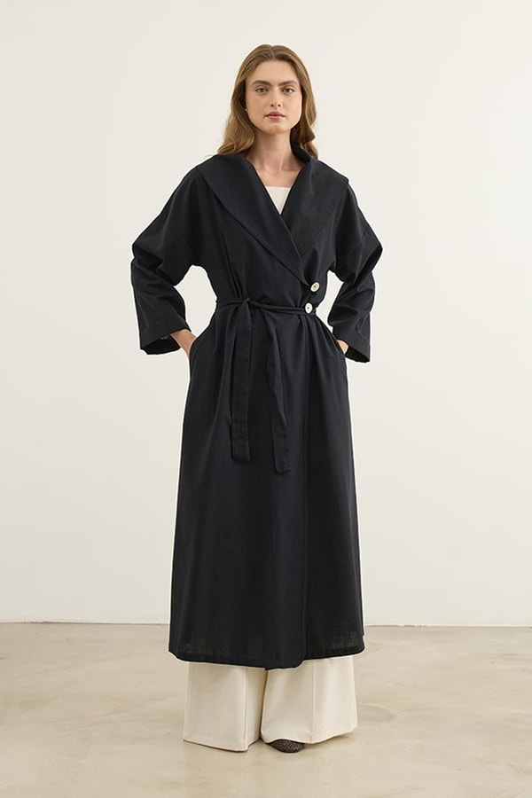 Çift Düğmeli %100 Pamuk Kaftan Siyah
