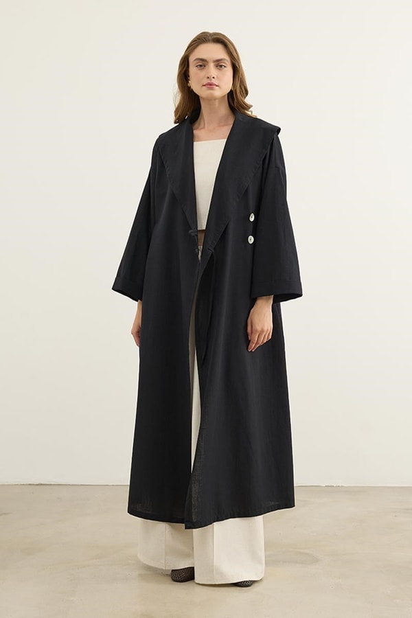 Çift Düğmeli %100 Pamuk Kaftan Siyah