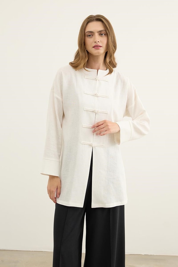 Çin Düğmeli Keten Kimono Ekru