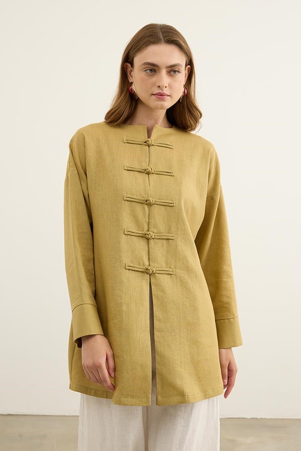 Çin Düğmeli Keten Kimono Yağ Yeşili