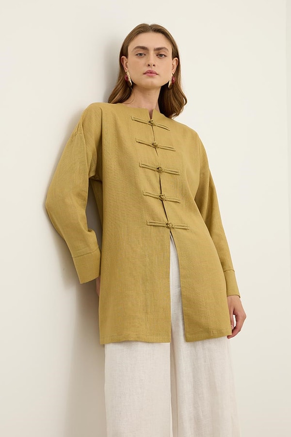 Çin Düğmeli Keten Kimono Yağ Yeşili