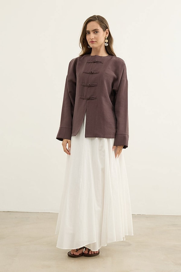 Çin Düğmeli Tensel Kimono Mürdüm