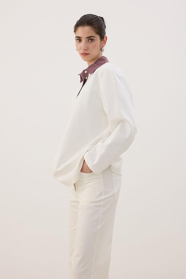 Çizgili Polo Yaka Sweatshirt Ekru