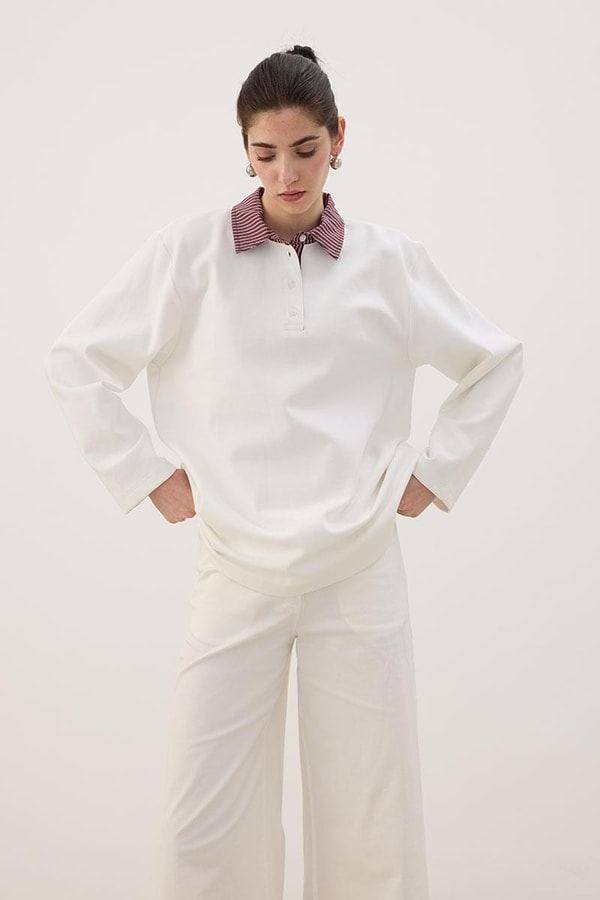 Çizgili Polo Yaka Sweatshirt Ekru
