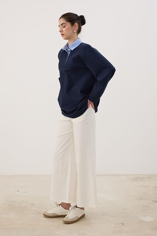 Çizgili Polo Yaka Sweatshirt Lacivert