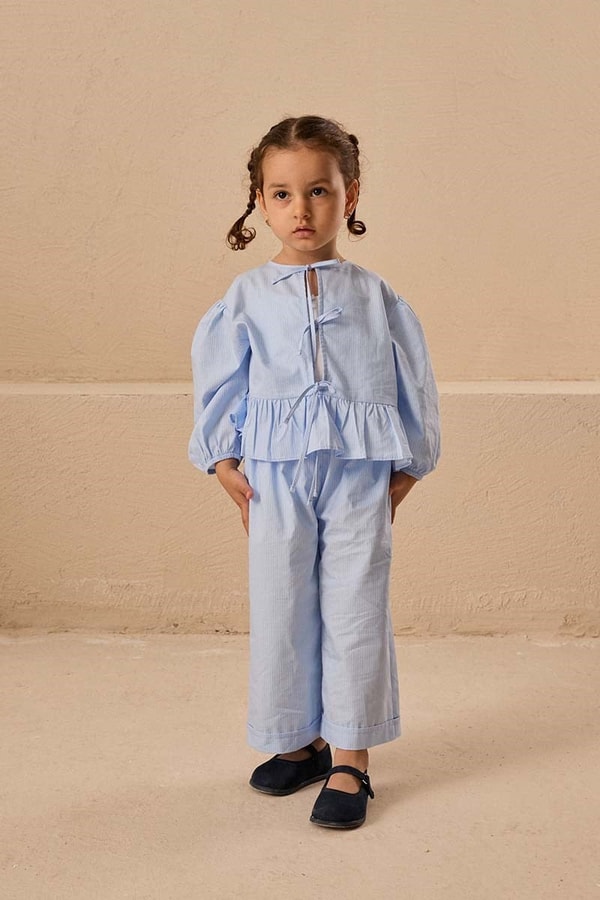 Çizgili Poplin Çocuk Takım Bebek Mavisi
