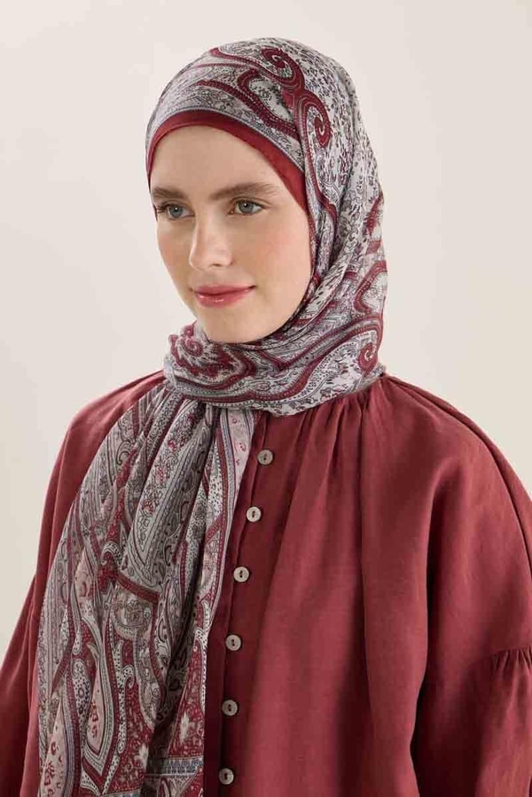 Desenli Etnik Şal Açık Bordo