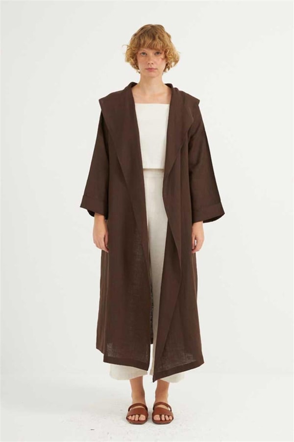 Dökümlü Ham Keten Kaftan Acı kahve