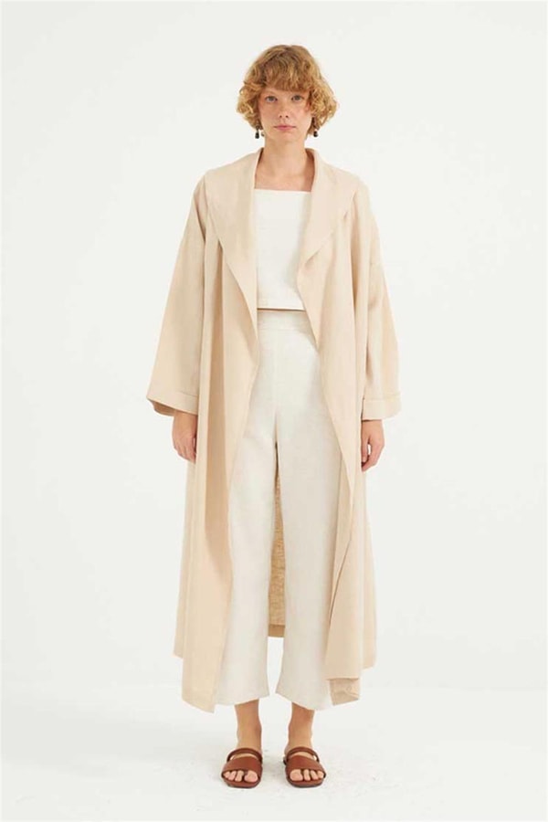 Dökümlü Ham Keten Kaftan Krem