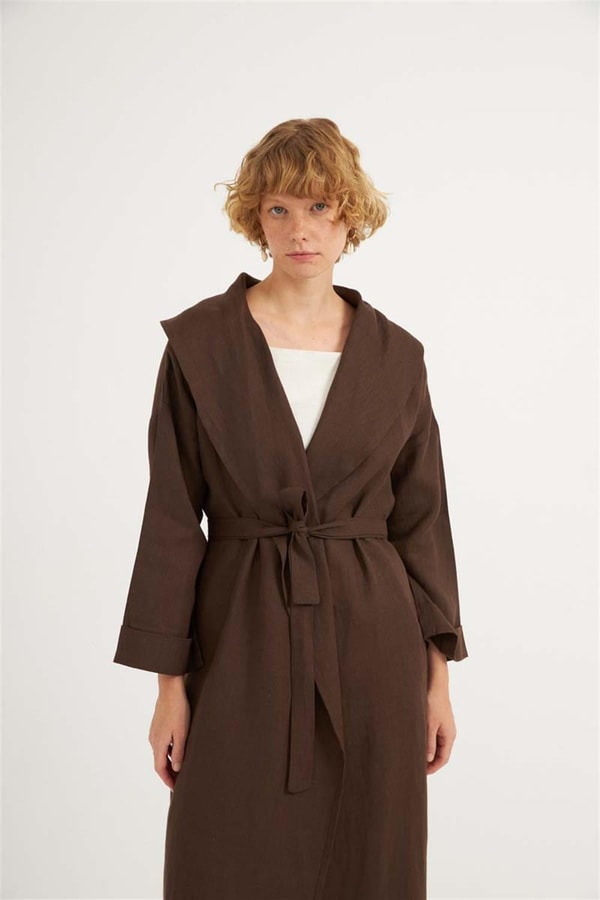 Dökümlü Ham Keten Kaftan Acı kahve